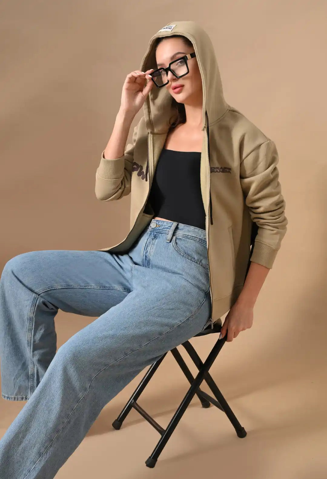 Women's Beige HD & Puff Print Zip up Hoodie