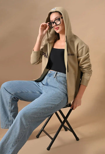 Women's Beige HD & Puff Print Zip up Hoodie