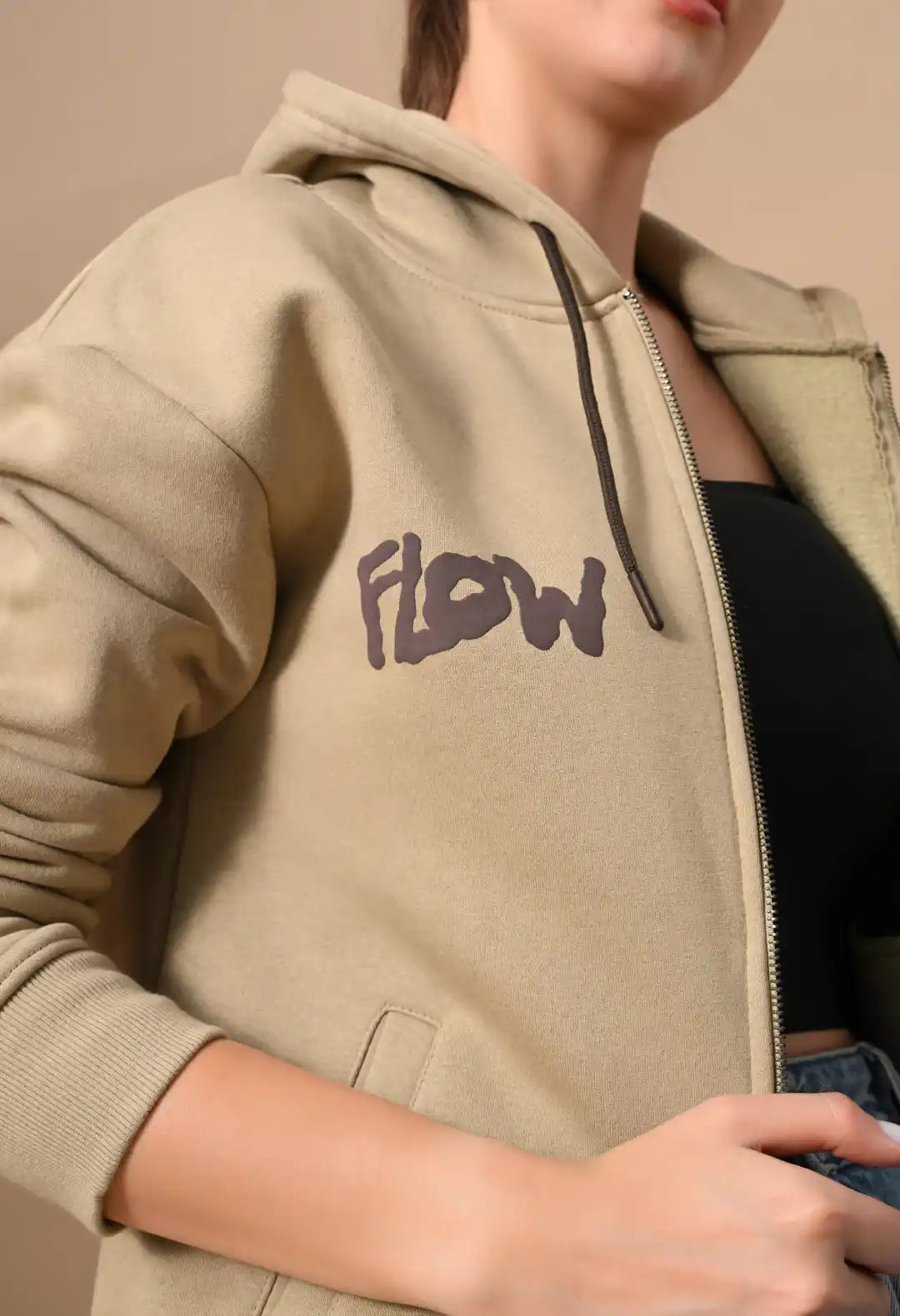 Women's Beige HD & Puff Print Zip up Hoodie