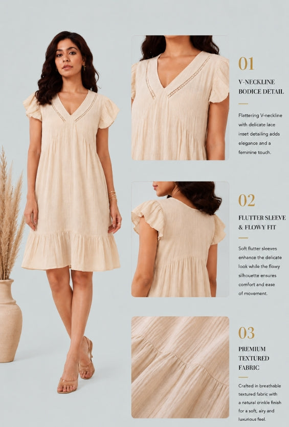 Beige Cotton Lace Insert Ruffle Sleeves & Hem Dress