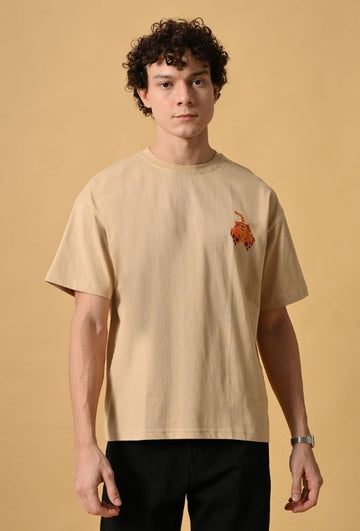 Sand Beige Cotton Lycra Boxy Streetwear T-Shirt for Men | Graphic Back Print