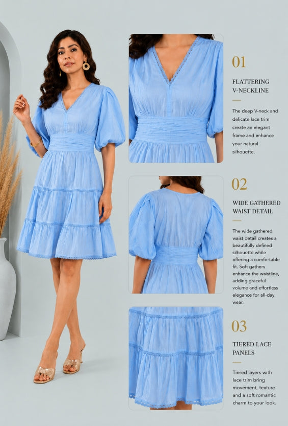 Blue Cottagecore Women's Tiered Dresses | 100% Cotton for Women