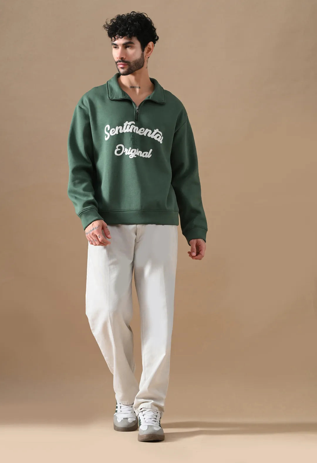 Men's Dark Green Sentimental & Original Puff print Henley neck Sweatshirt