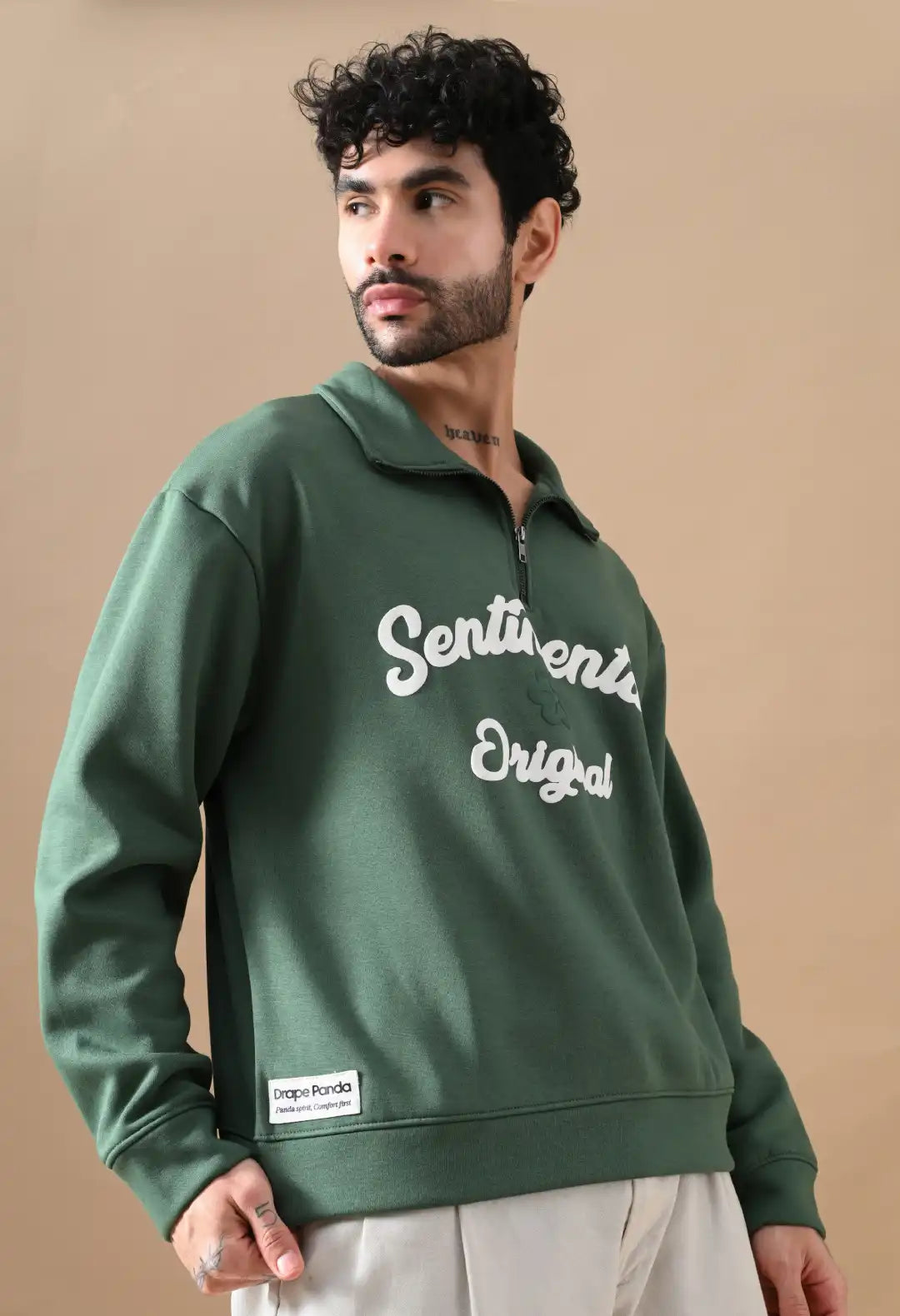 Men's Dark Green Sentimental & Original Puff print Henley neck Sweatshirt