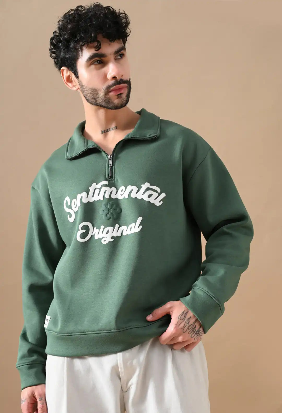 Men's Dark Green Sentimental & Original Puff print Henley neck Sweatshirt