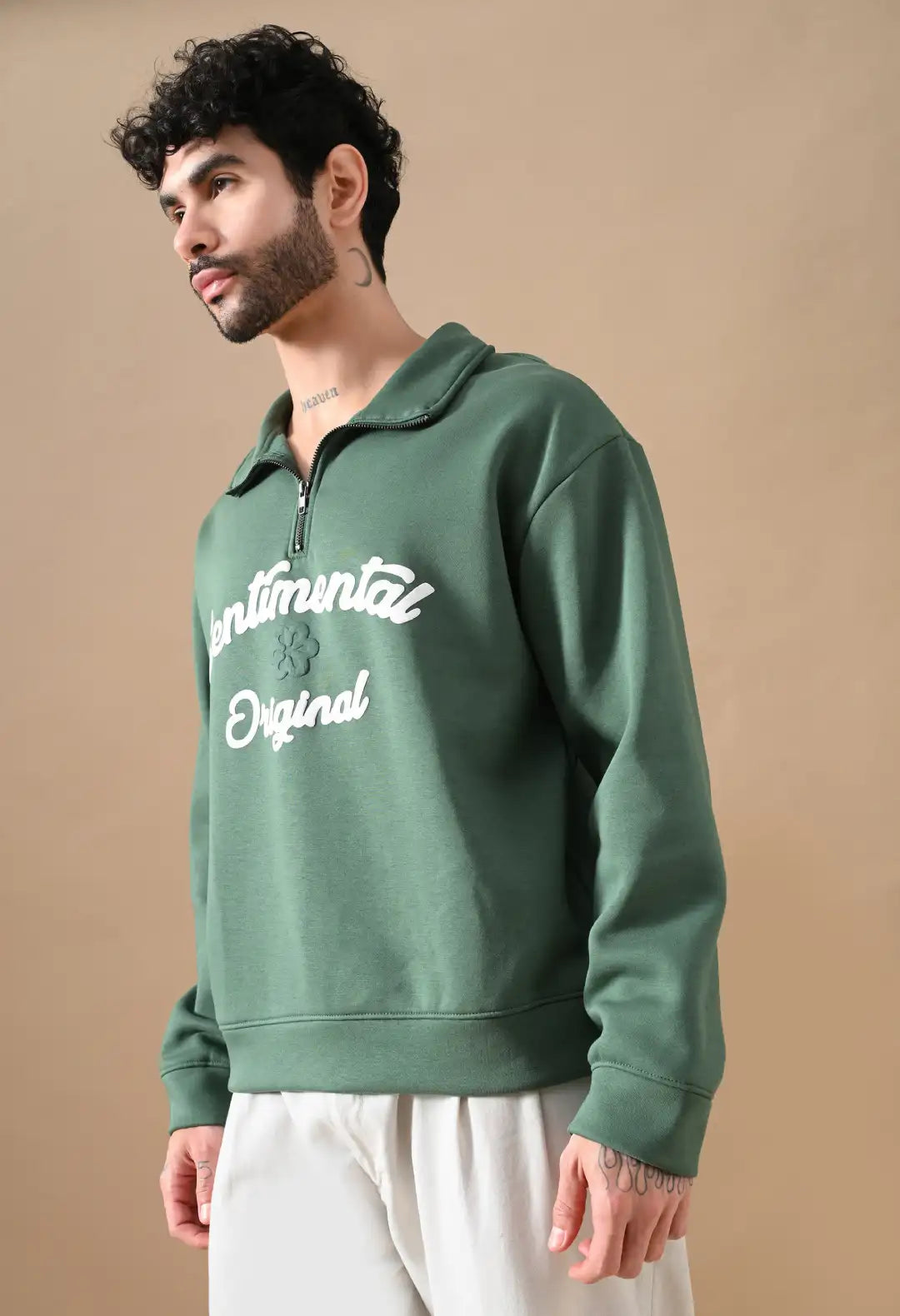 Men's Dark Green Sentimental & Original Puff print Henley neck Sweatshirt