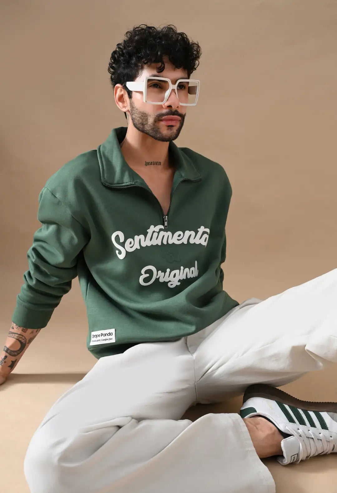 Men's Dark Green Sentimental & Original Puff print Henley neck Sweatshirt