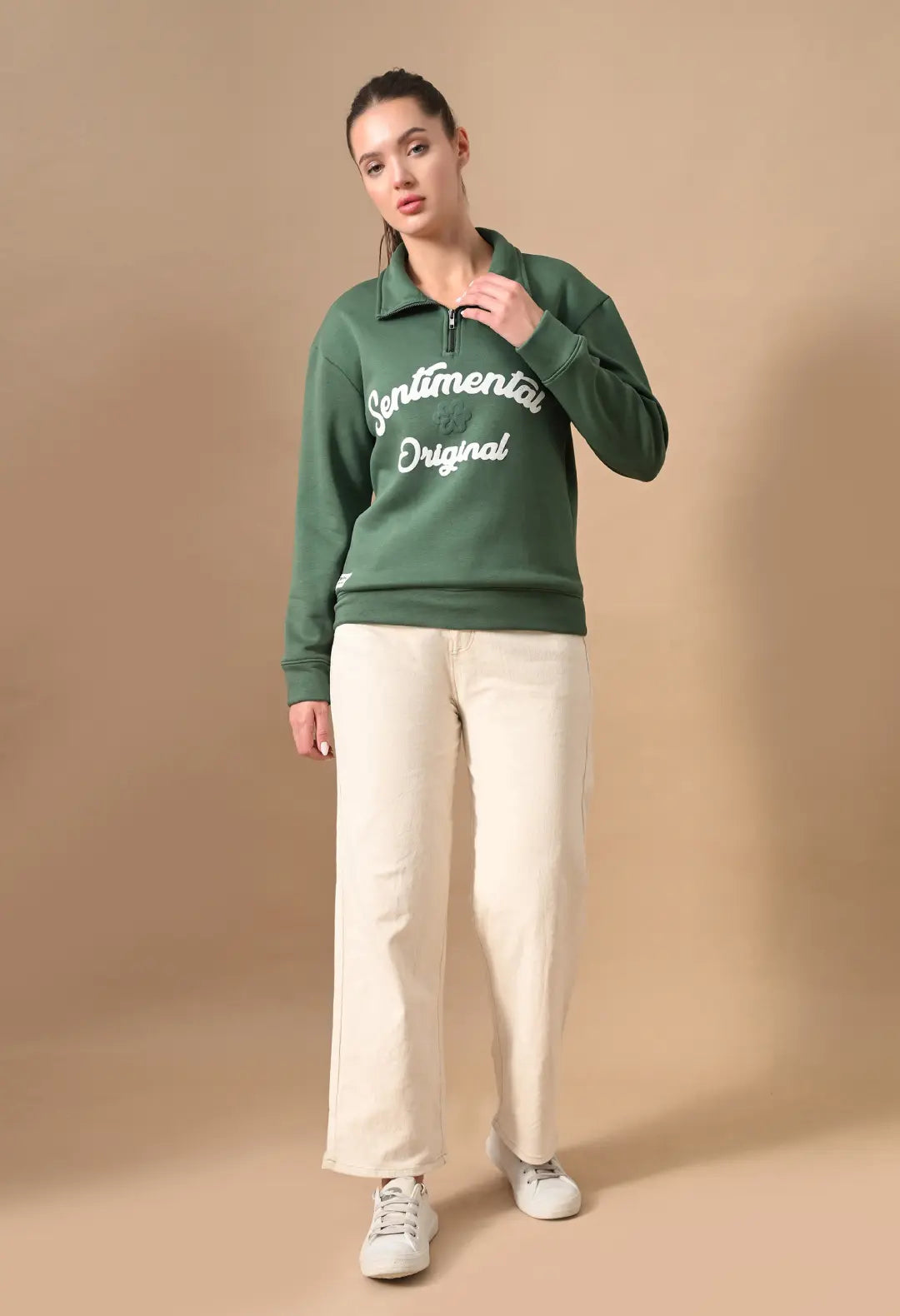 Women's Dark Green Sentimental & Original Puff print Henley neck Sweatshirt