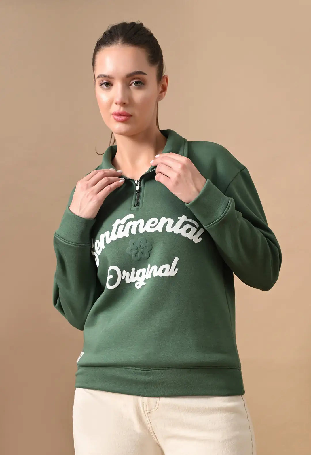 Women's Dark Green Sentimental & Original Puff print Henley neck Sweatshirt