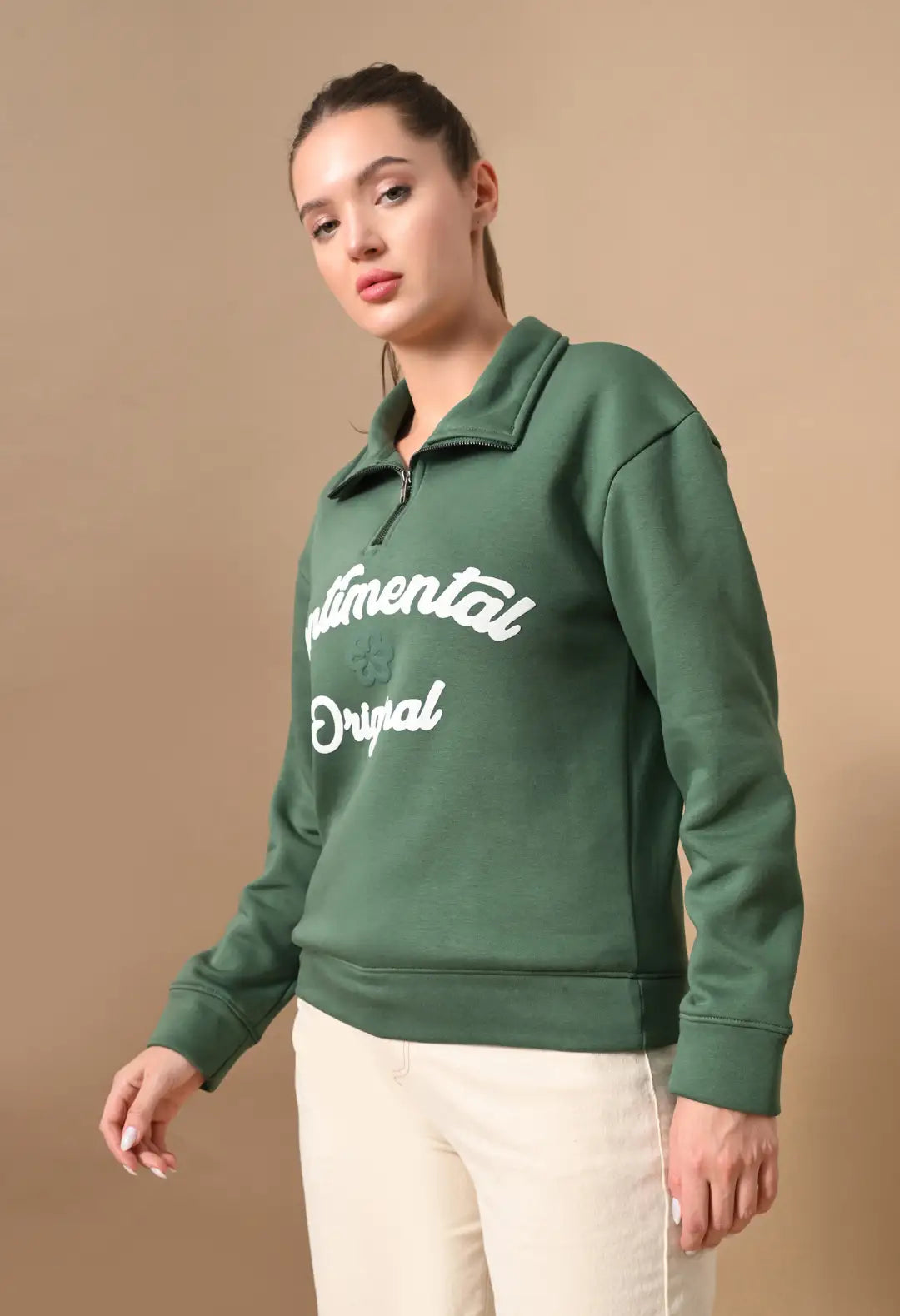 Women's Dark Green Sentimental & Original Puff print Henley neck Sweatshirt