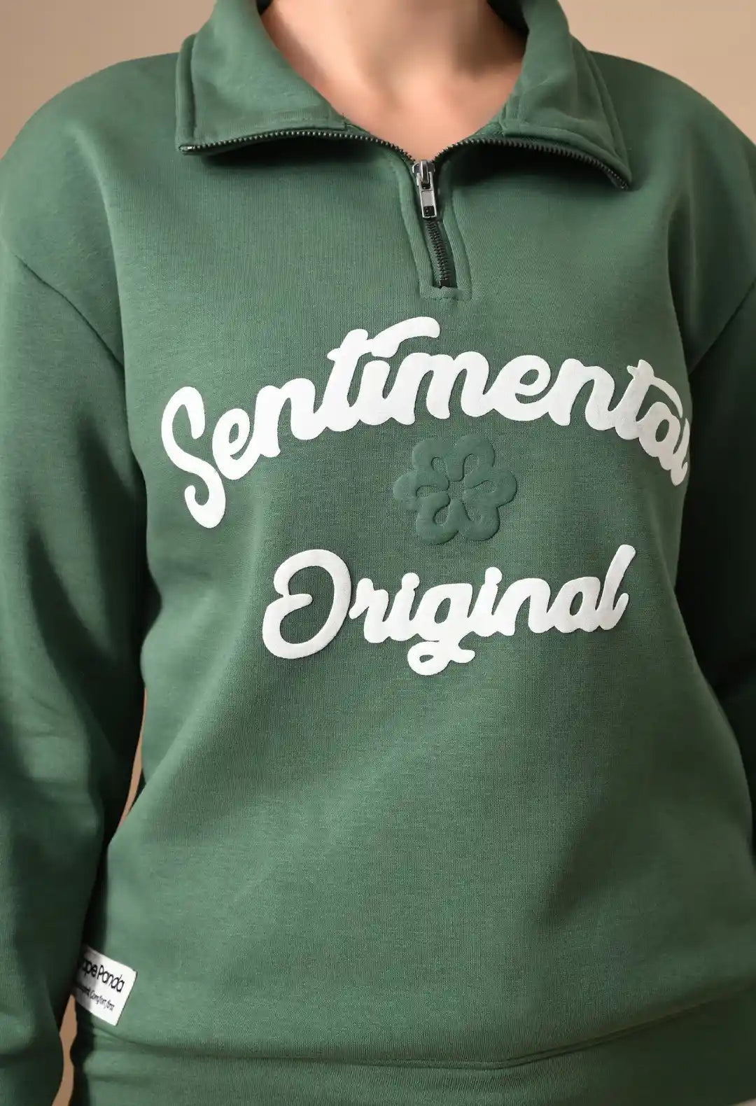 Women's Dark Green Sentimental & Original Puff print Henley neck Sweatshirt