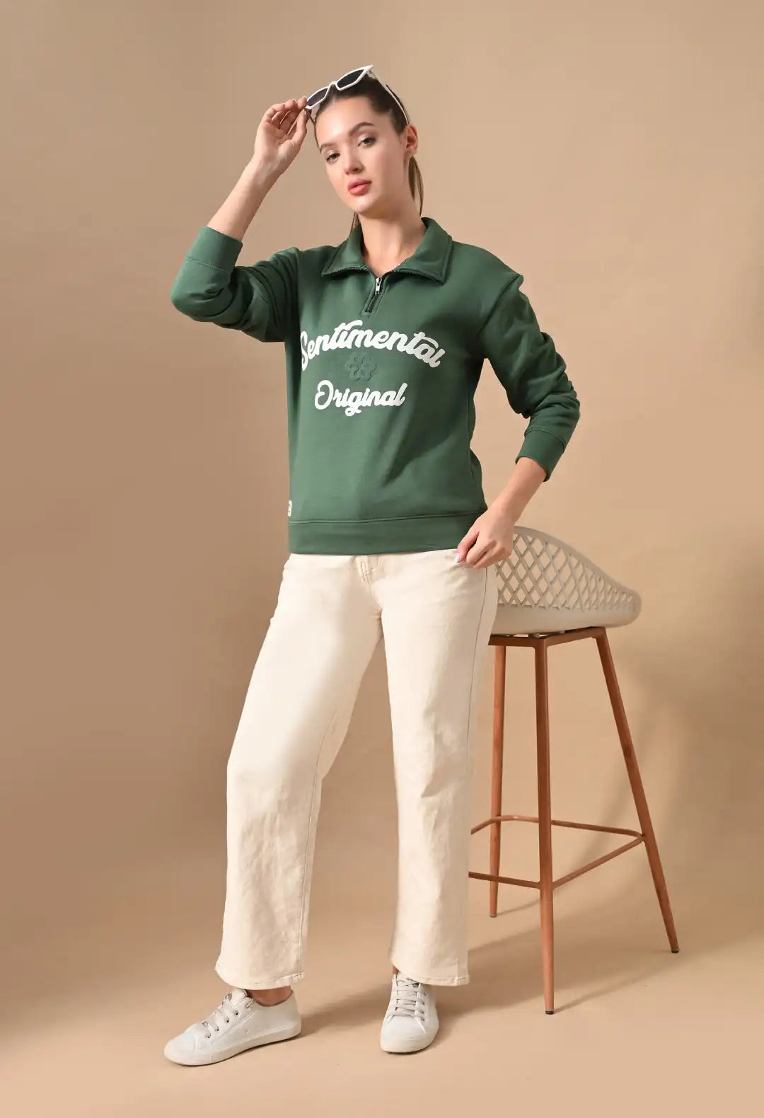 Women's Dark Green Sentimental & Original Puff print Henley neck Sweatshirt