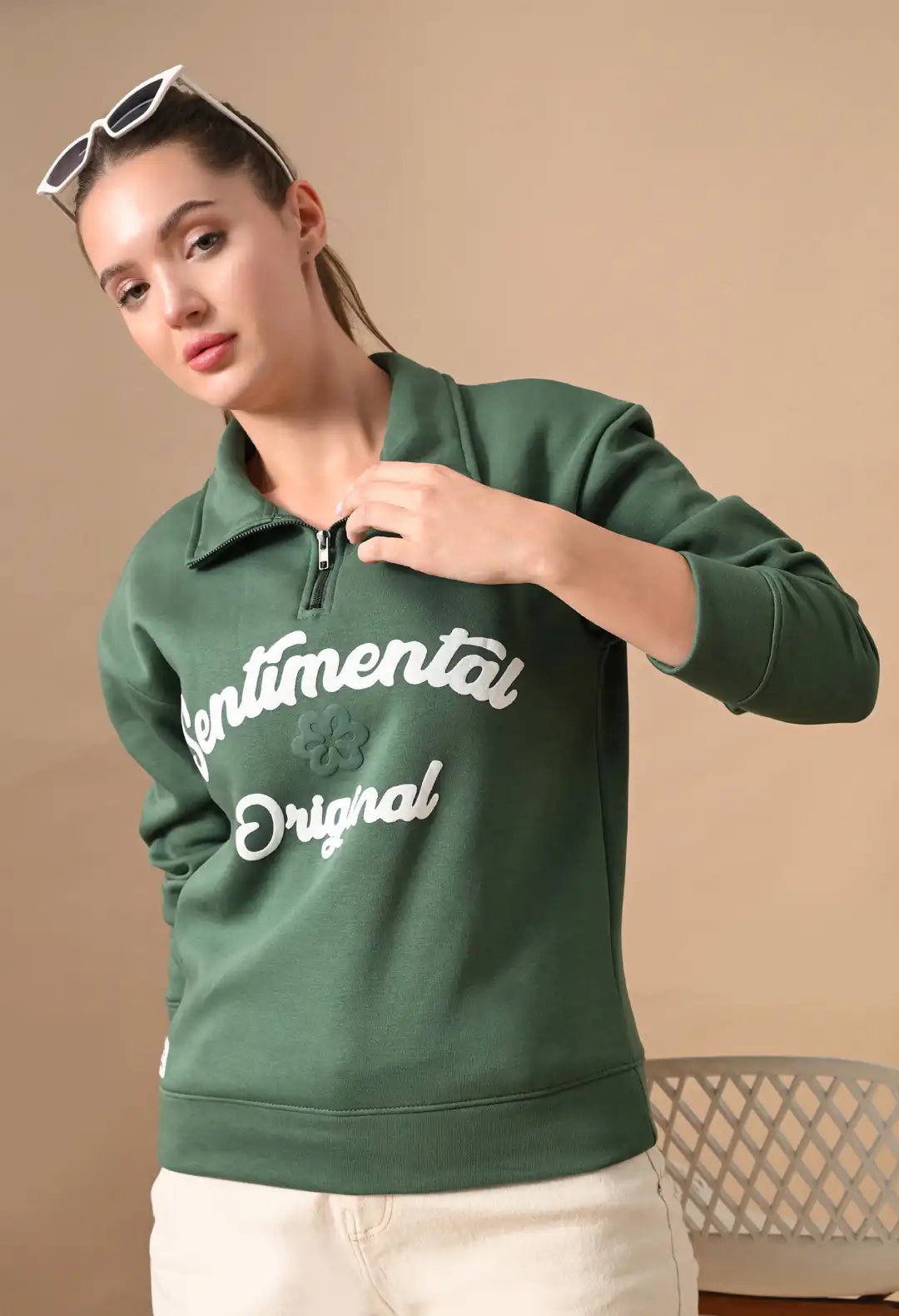 Women's Dark Green Sentimental & Original Puff print Henley neck Sweatshirt