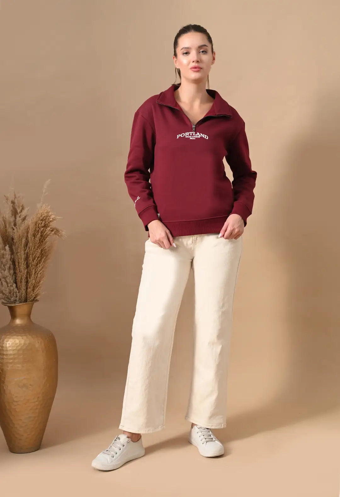 Women's Deep Red HD Print Henley Neck Sweatshirt