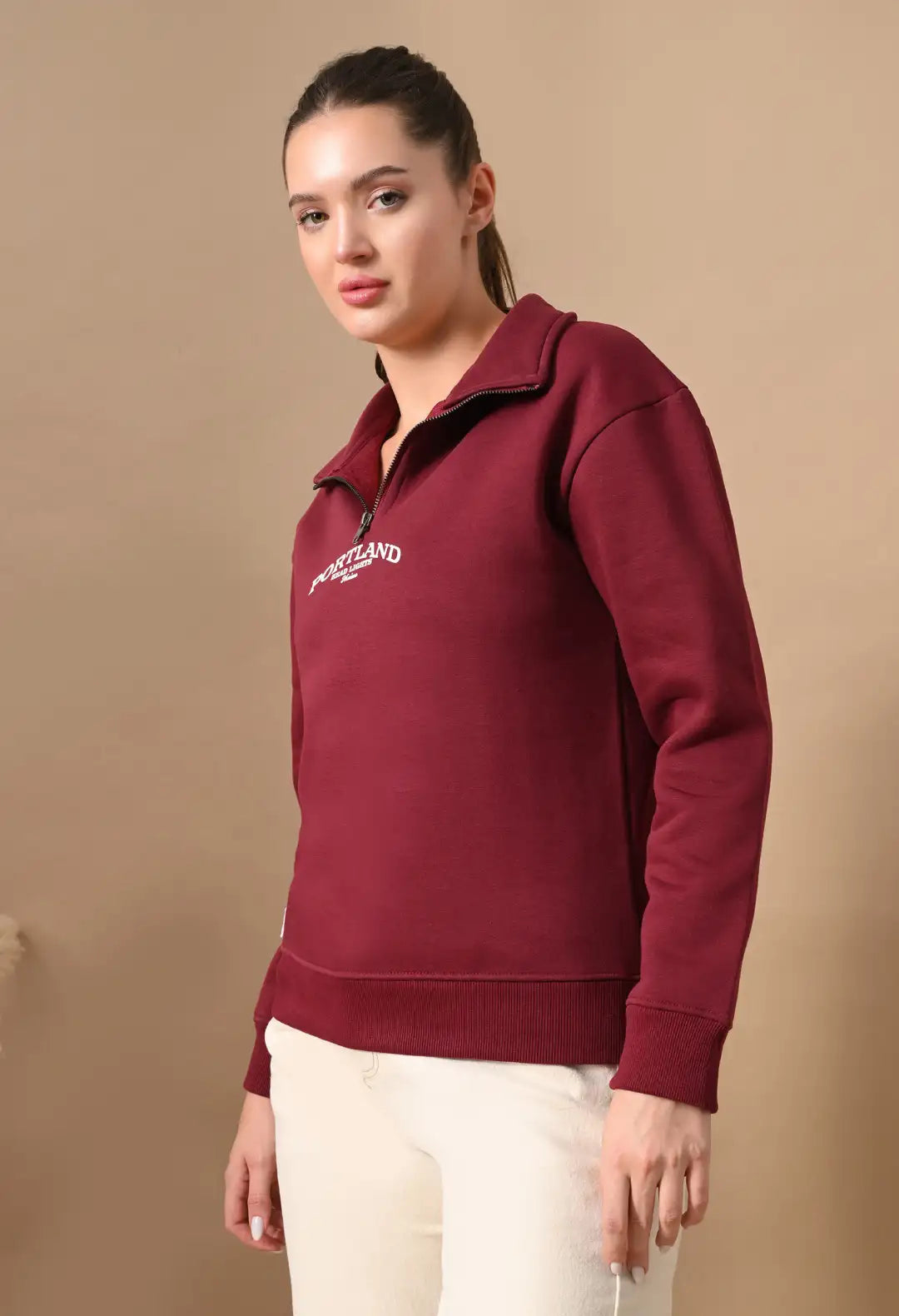 Women's Deep Red HD Print Henley Neck Sweatshirt