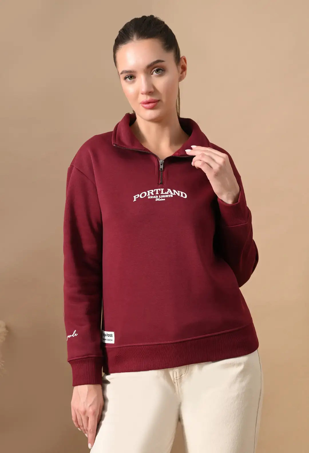 Women's Deep Red HD Print Henley Neck Sweatshirt
