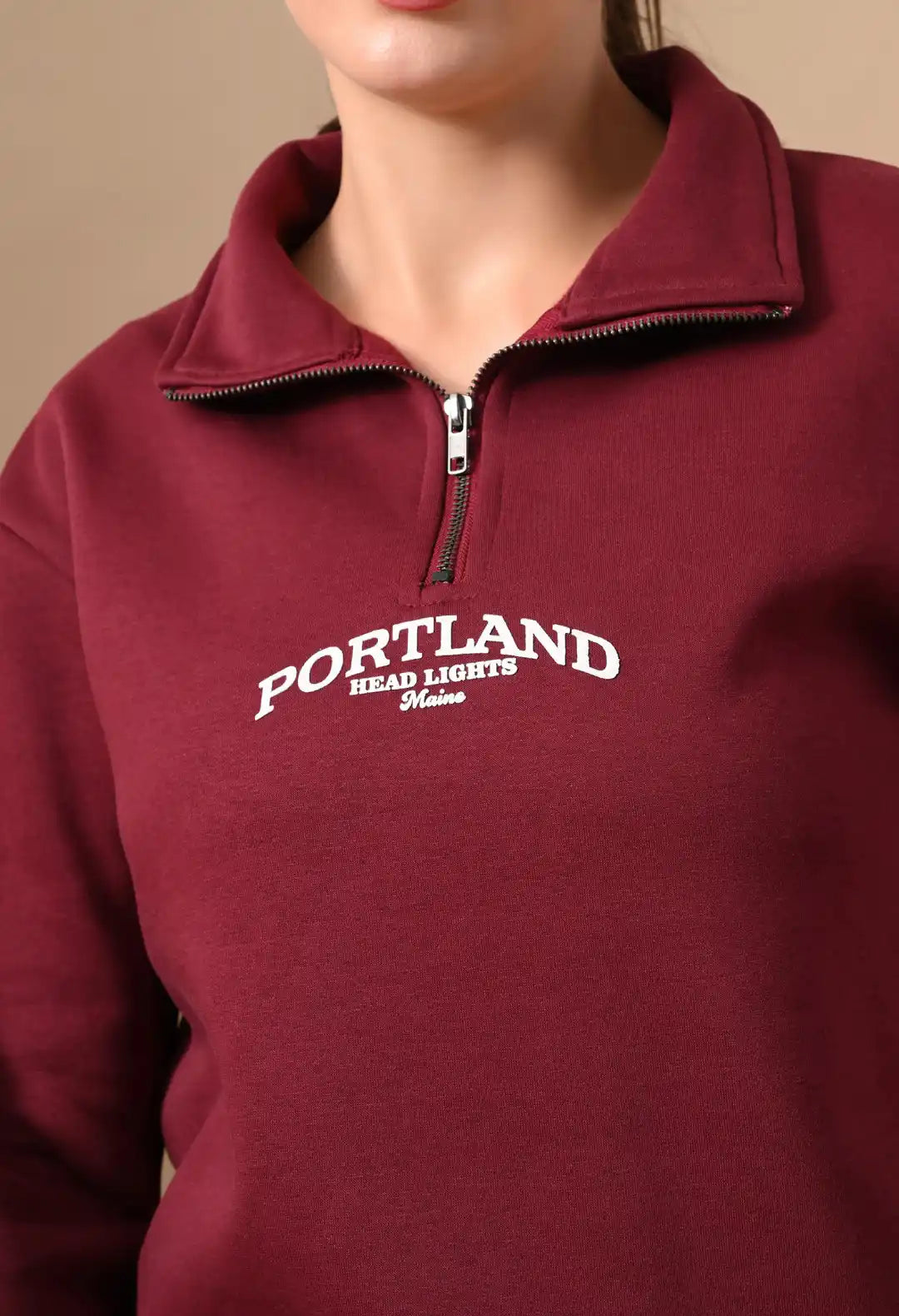 Women's Deep Red HD Print Henley Neck Sweatshirt