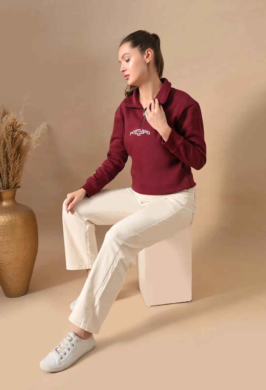 Women's Deep Red HD Print Henley Neck Sweatshirt