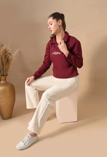 Women's Deep Red HD Print Henley Neck Sweatshirt