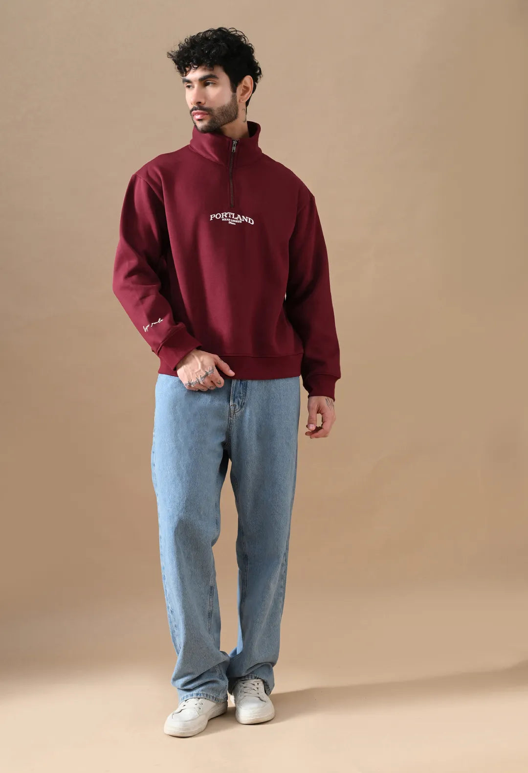 Men's Deep Red HD Print Henley Neck Sweatshirt