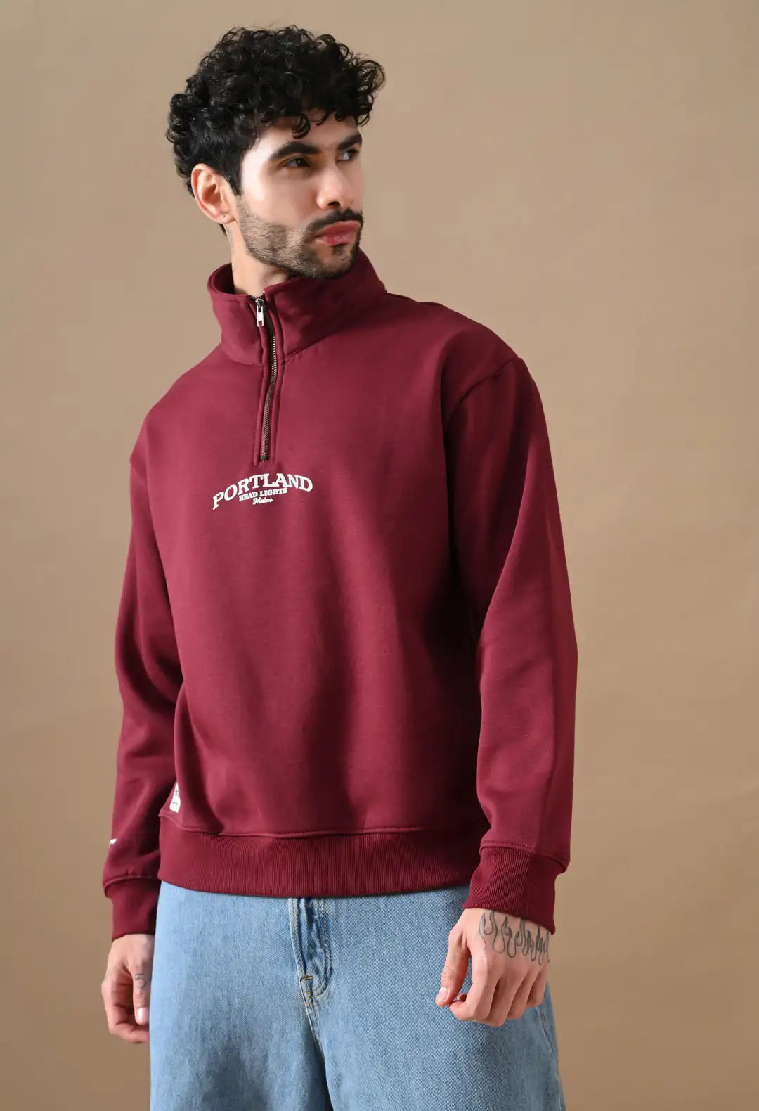 Men's Deep Red HD Print Henley Neck Sweatshirt