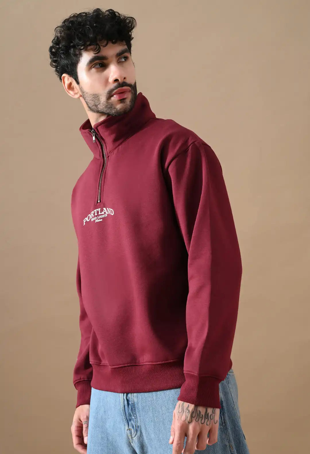 Men's Deep Red HD Print Henley Neck Sweatshirt