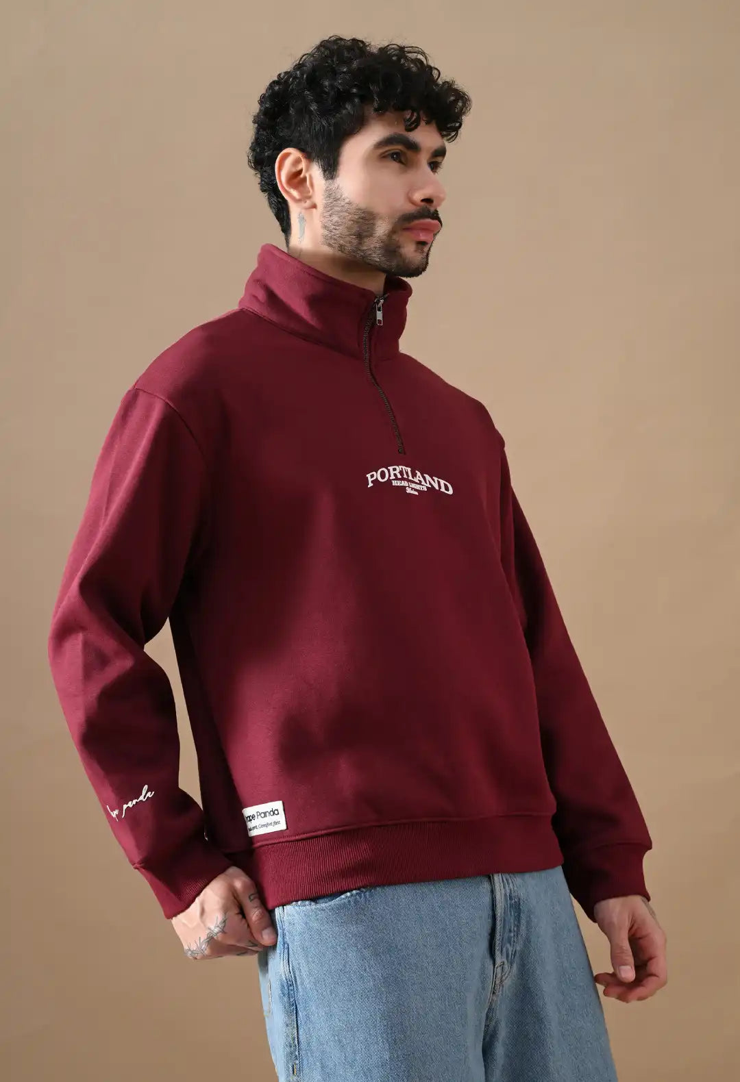 Men's Deep Red HD Print Henley Neck Sweatshirt