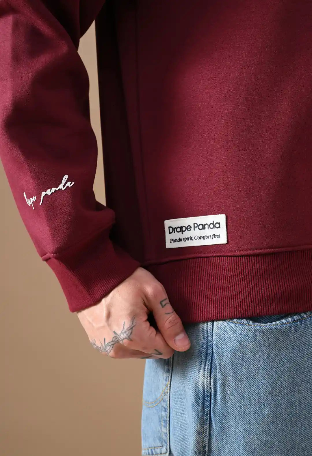 Men's Deep Red HD Print Henley Neck Sweatshirt