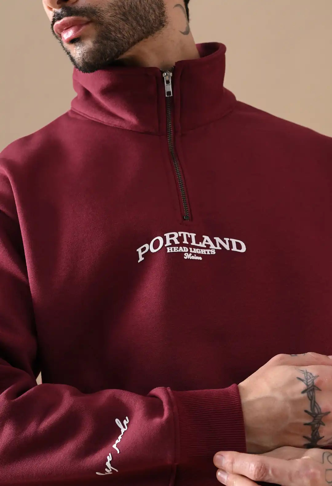 Men's Deep Red HD Print Henley Neck Sweatshirt