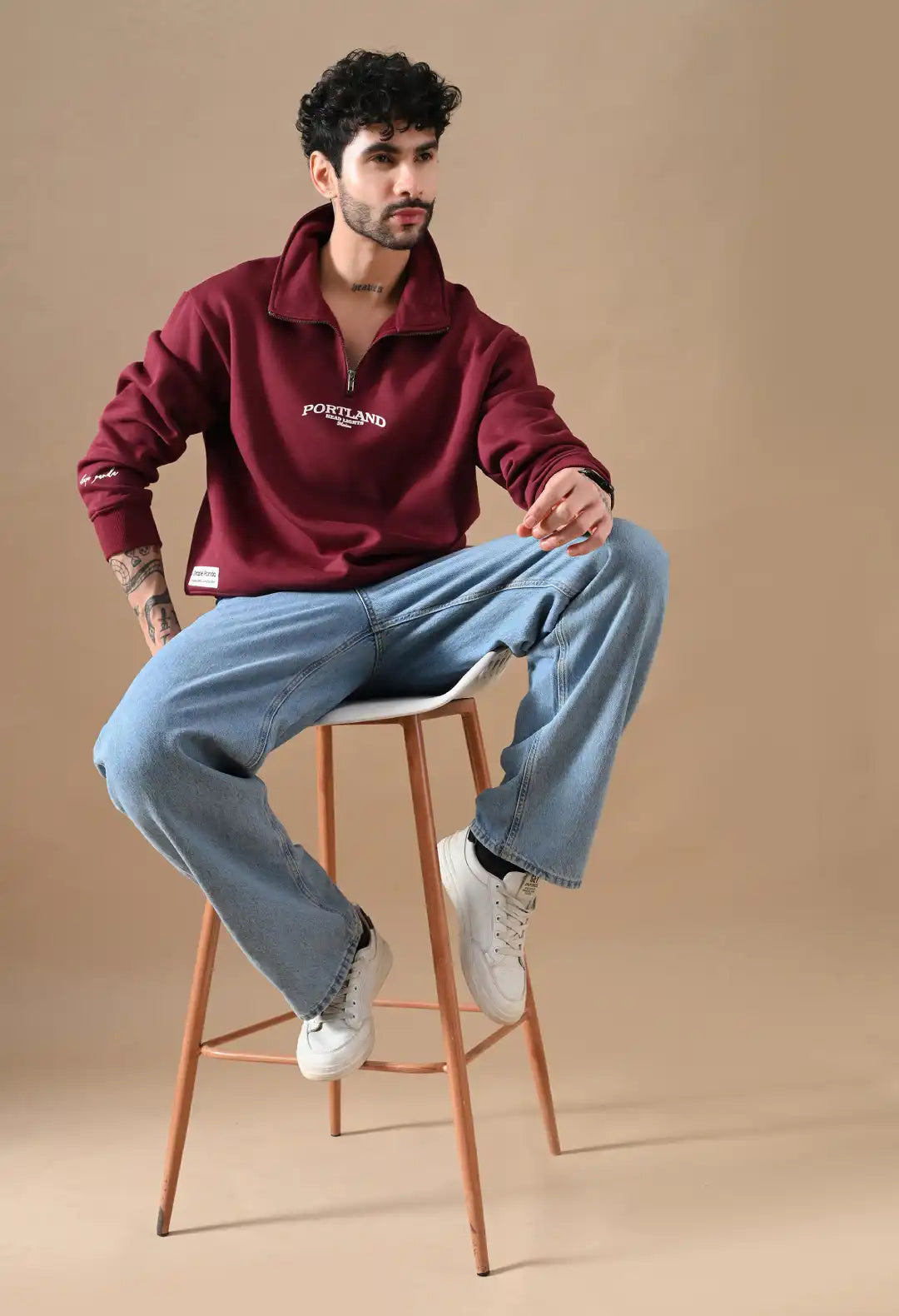 Men's Deep Red HD Print Henley Neck Sweatshirt