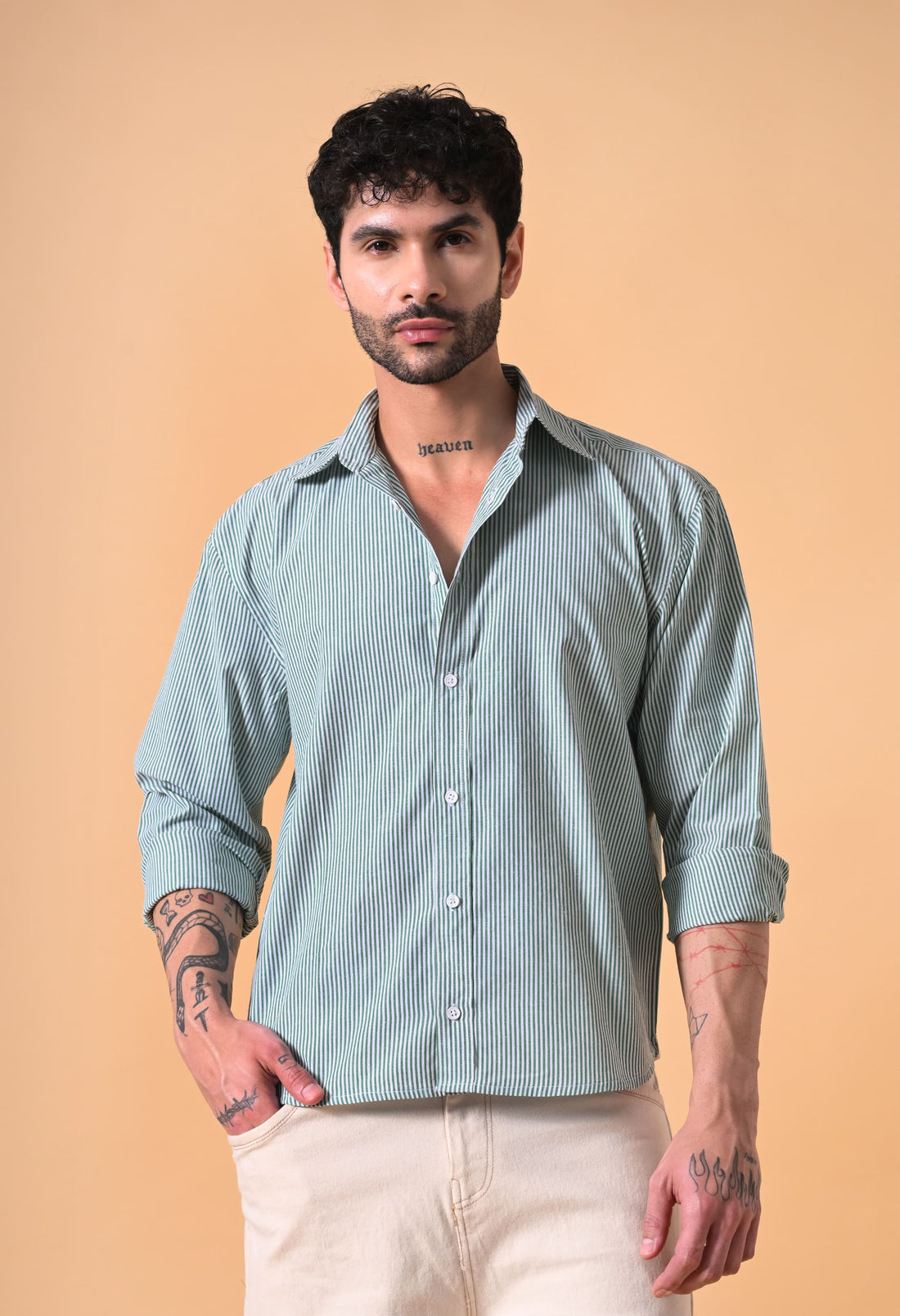 green white striped shirt men cotton