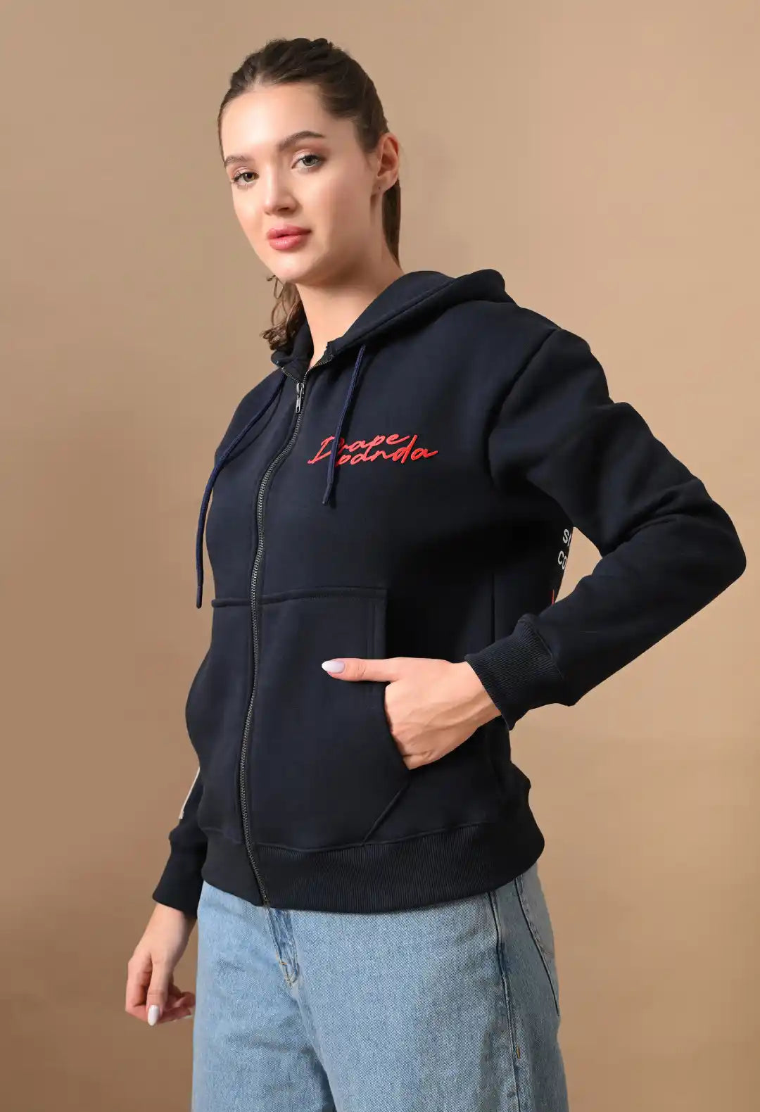 Women's Navy HD Print Zip up Hoodie
