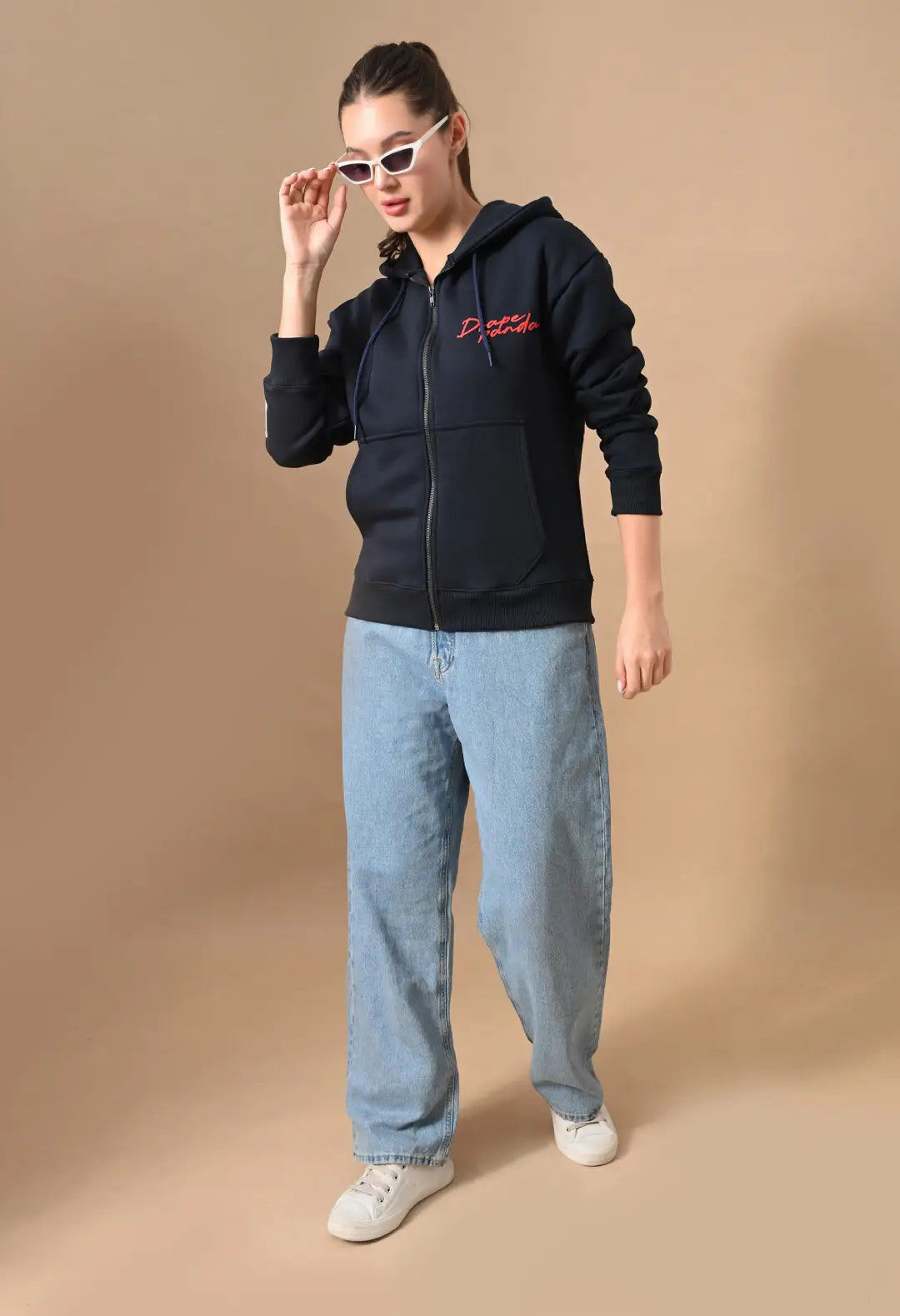 Women's Navy HD Print Zip up Hoodie