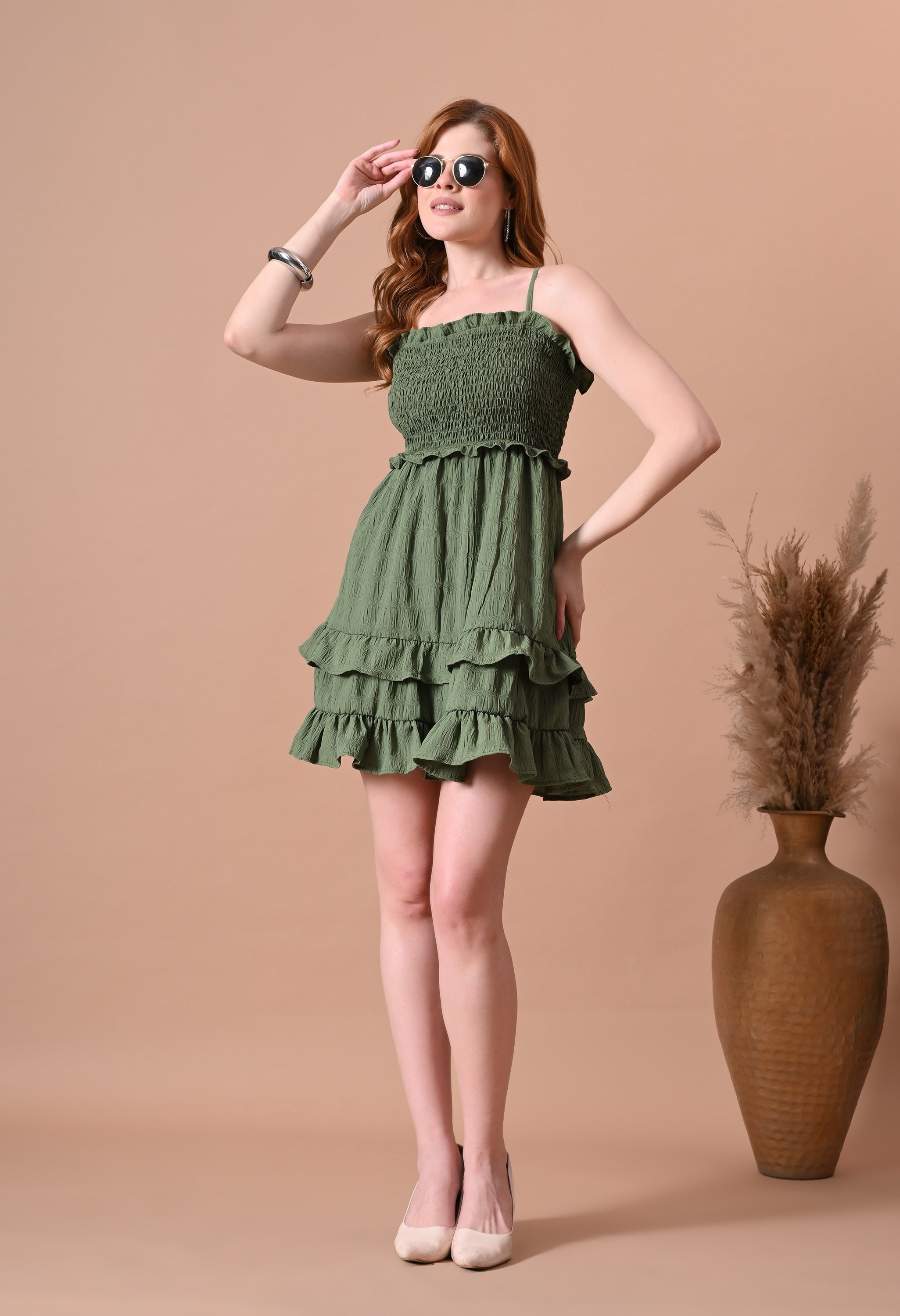 Olive Green Smocked Women's Smocked Dresses for Women