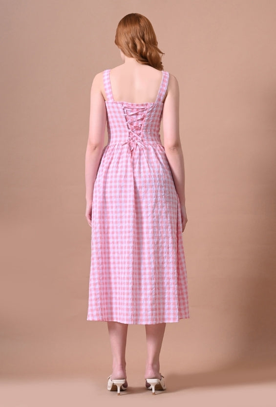 Pink Rayon Gingham Women's Printed Midi Dresses for Women