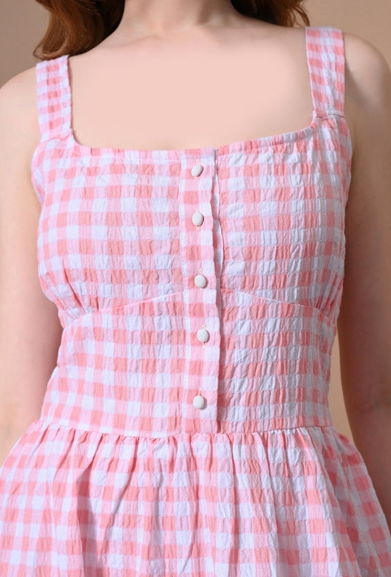 Pink Rayon Gingham Women's Printed Midi Dresses for Women