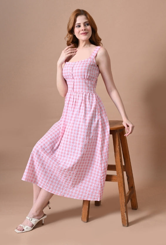 Pink Rayon Gingham Women's Printed Midi Dresses for Women