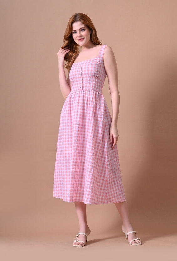 Pink Rayon Gingham Women's Printed Midi Dresses for Women