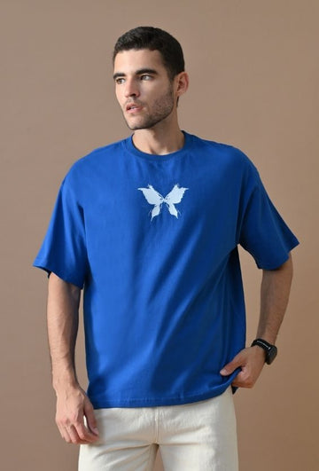 Royal Blue Cotton Lycra Boxy Streetwear T-Shirt for Men | Butterfly Graphic Print