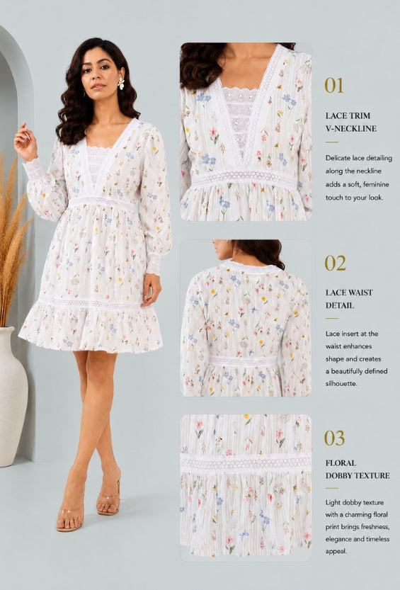 White Floral Print Women's Cottagecore Dresses | 100% Cotton for Women