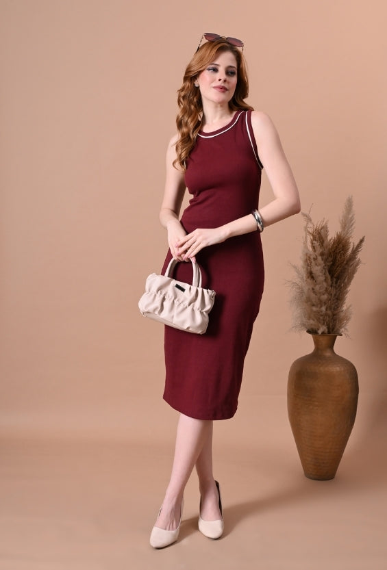 DrapePanda Women's Wine Red Women's Bodycon Dresses | Bodycon Fit | Cotton Rib