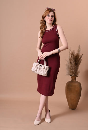 Wine Red Cotton Rib Bodycon Fit Women's Bodycon Dresses for Women