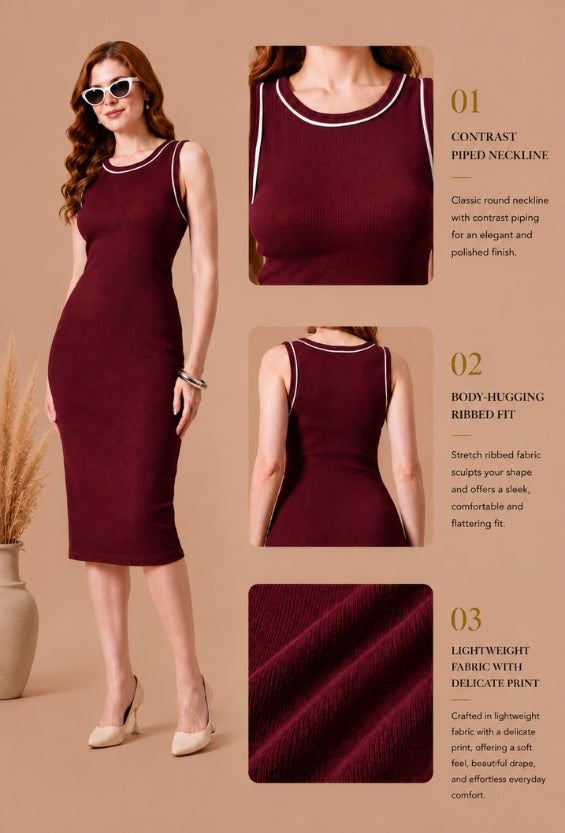 Wine Red Cotton Rib Bodycon Fit Women's Bodycon Dresses for Women