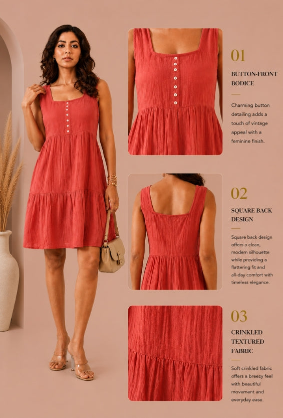 Women's Coral Cotton Tiered Dress